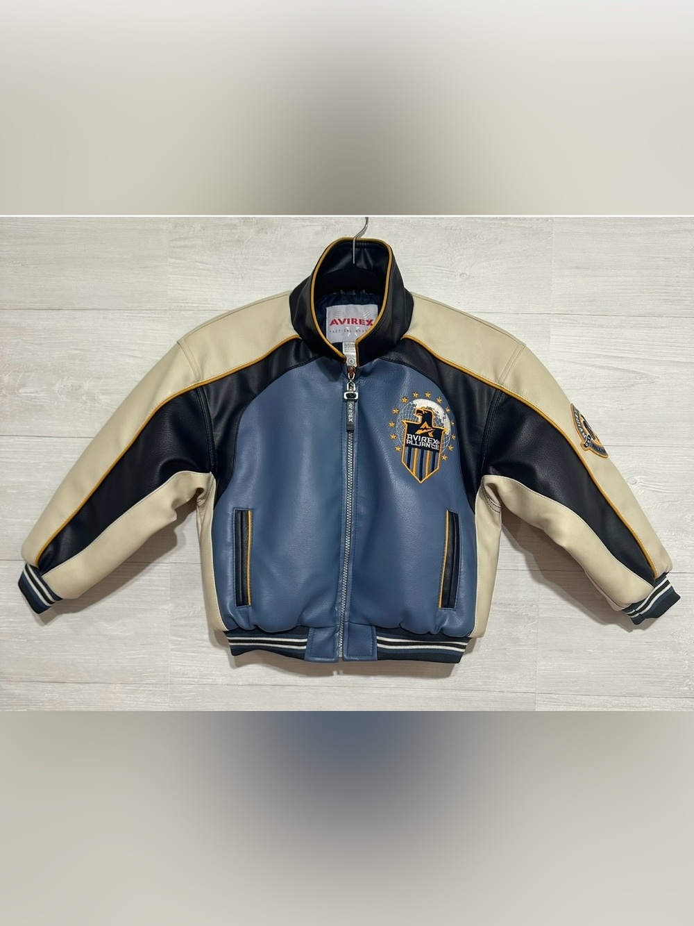 Avirex Alliance Kids Varsity Bomber Jacket Size 6 Blue Black Faux Leather Y2K